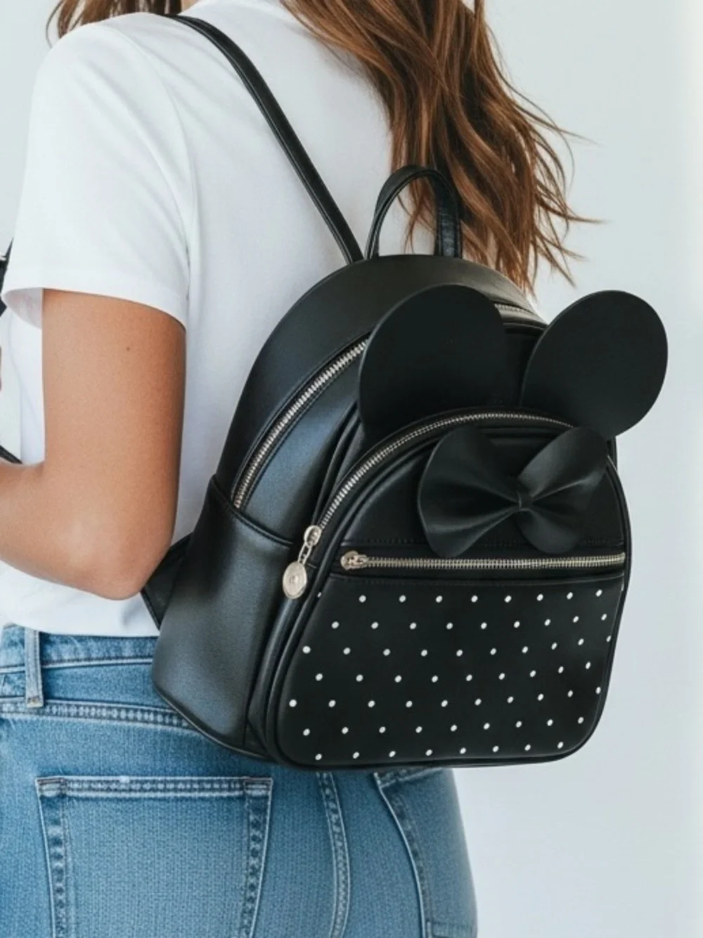 Black Faux Leather Bow & Ear Mini Backpack